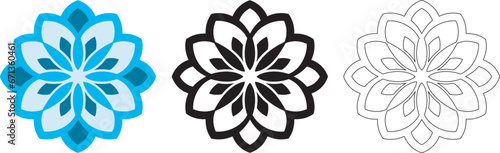 Mandala Pattern Designs in three different styles, floral mandal indian style black and white, colored and outlined vector illustration on white background, hand drawn indian traditional and cultural