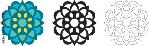 Mandala Pattern Designs in three different styles, floral mandal indian style black and white, colored and outlined vector illustration on white background, hand drawn indian traditional and cultural