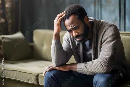 frustrated stressed african man looking down holding head at home