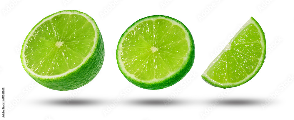 Flying fresh lime slices collection with shadow isolated on white background.