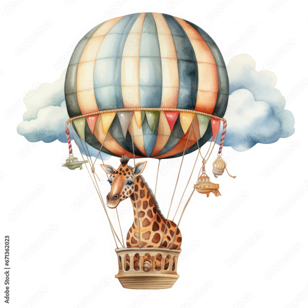 Naklejka premium Safari Animal set giraffe, hippopotamus,in hot air balloon Illustration, Generative Ai