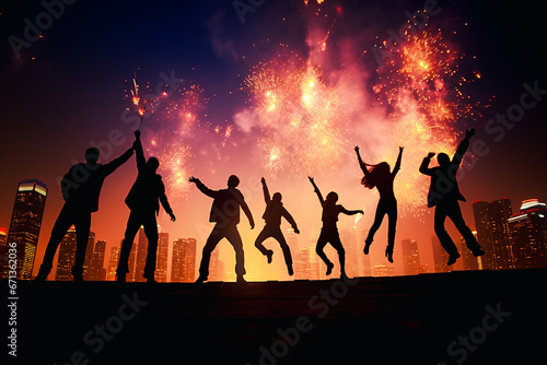Group of people dancing and firework display festival in background, silhouette light.