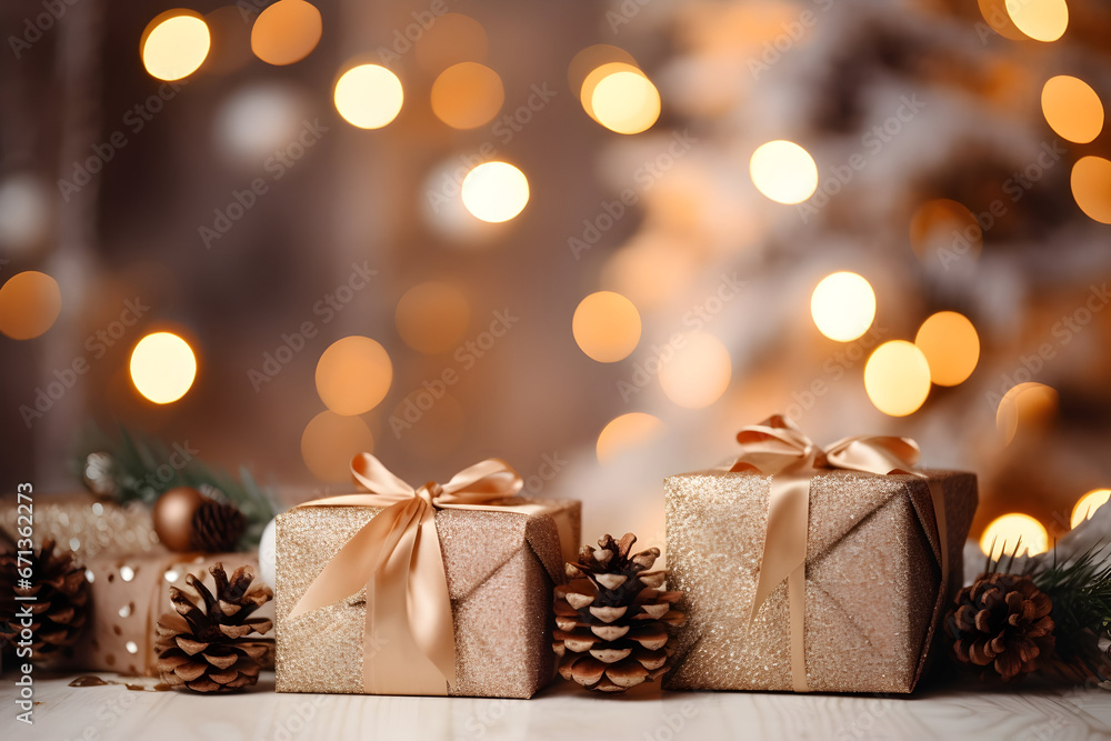 A Christmas and New Year Background Featuring Gift Boxes, Pine Cones, and Branches Illuminated by Bokeh Garlands, Creating a Heartwarming and Magical Ambiance A Christmas and New Year Background Featuring Gift Boxes, Pine Cones, and Branches Illuminated by Bokeh Garlands, Creating a Heartwarming and Magical Ambiance