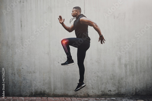 Mockup, black man and fitness with knee pain, injury and sport accident with training. African American male, athlete and bodybuilder with muscle tension, emergency and workout with health problem