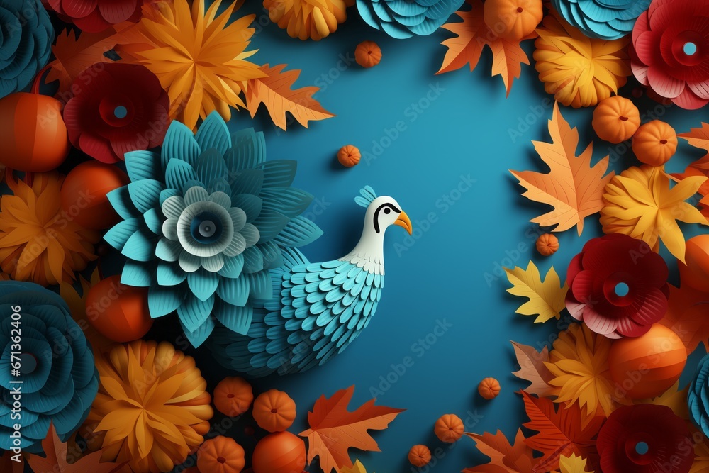 Autumn background with colorful leaves and bird. 3D illustration, thanksgiving concept
