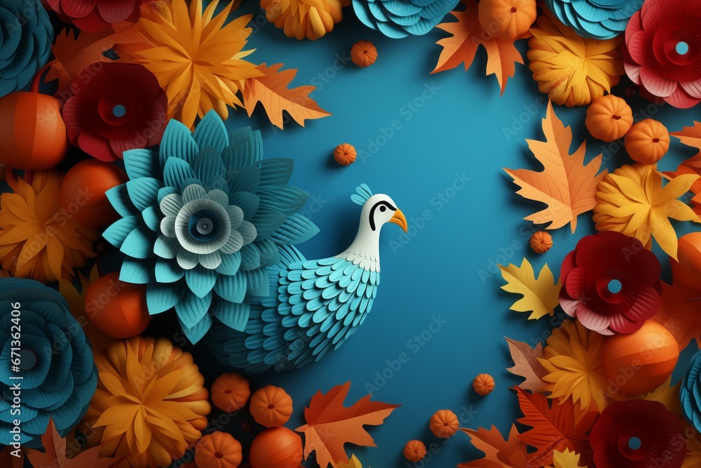 Obraz premium Autumn background with colorful leaves and bird. 3D illustration, thanksgiving concept