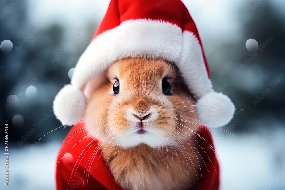 Cute bunny in a Santa suit on a christmas background. New Year and Christmas holidays concept Cute bunny in a Santa suit on a christmas background. New Year and Christmas holidays concept