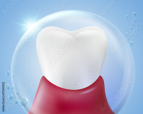 Fluoride shield prevents tooth decay and helps strengthen gums. Realistic vector illustration.