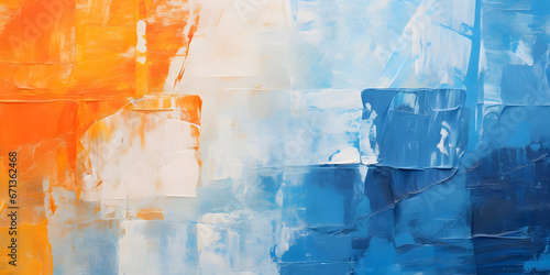 A Closeup of Abstract Rough Colorful Blue, Orange, and Multicolored Art Painting Texture. Created with Expressive Oil Brushstrokes and Palette Knife Paint, Overlaying Square Paper Layers
