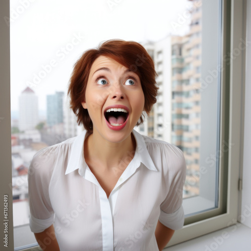 short red haired woman is excited with big smile in front of her office window in the city