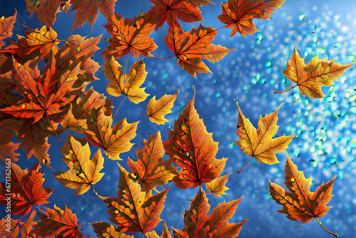 autumn leaves in the blue sky. Generative AI