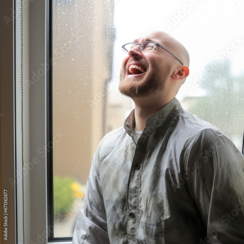 bald man with glasses and beard looks up in excitment photo
