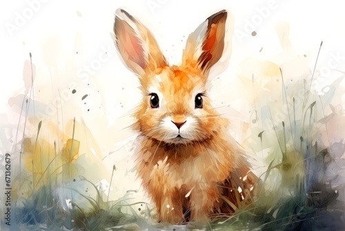 Cute watercolor hare or rabbit on a green meadow. Postcard with animals and flowers.