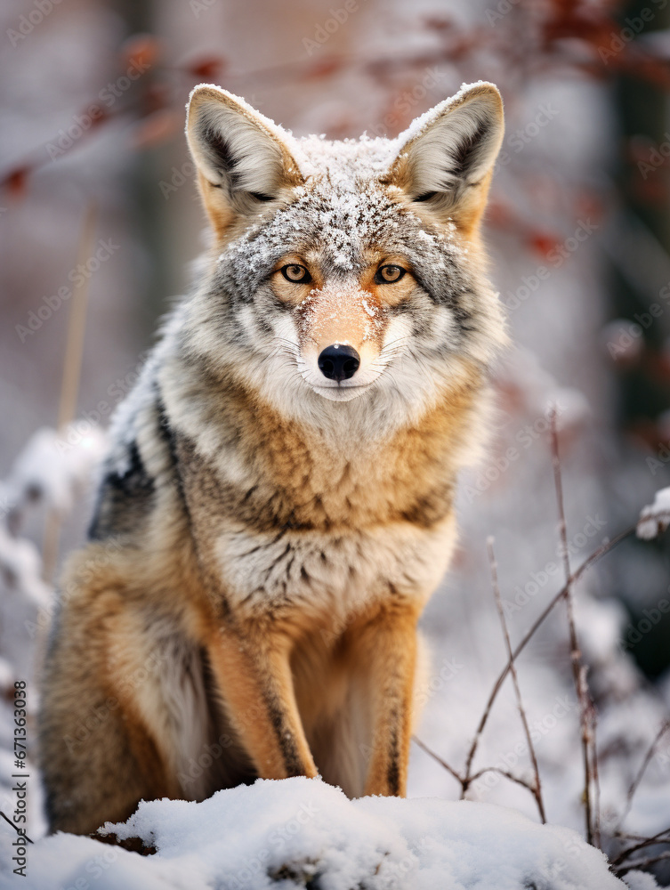 Naklejka premium A Photo of a Coyote in a Winter Setting