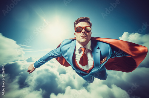 Business person look like superhero flying on sky.strong and confidence concepts.vision of leadership ideas