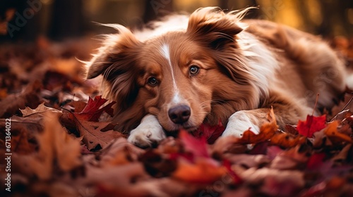 Retrato de un perro tumbado en un bosque con muchas hojas rojas por el otoño photo