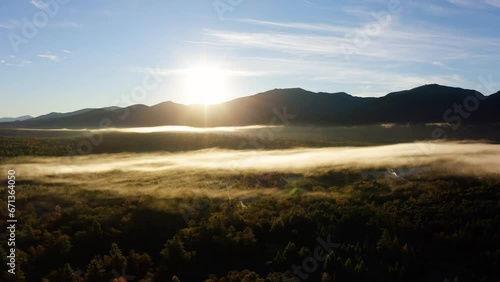 Sunrise over mountains during peak foliage season in new England (4k 30p Drone Aerial) photo