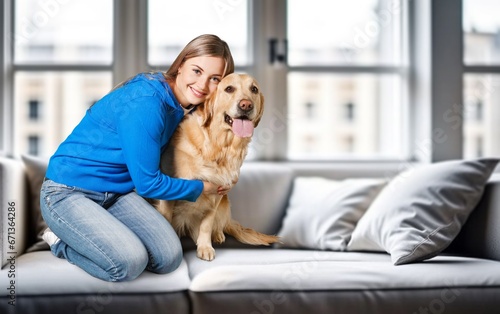 Happy cheerful young woman hugging pet dog, AI generated image © BillionPhotos.com