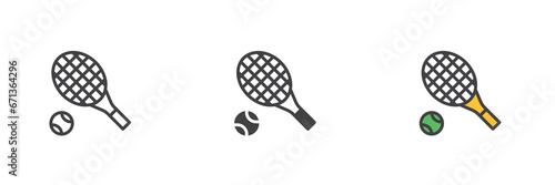 Tennis racket and ball different style icon set