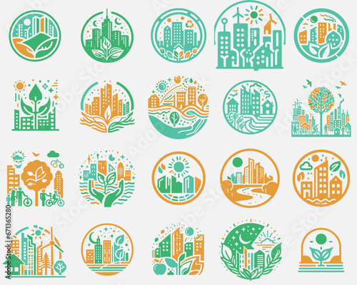 Éléments graphiques autour des Villes Vertes : icônes et pictogrammes Urbains, Vectoriels Éco-Friendly, éco-city, ville durable, Vecteur modifiable
