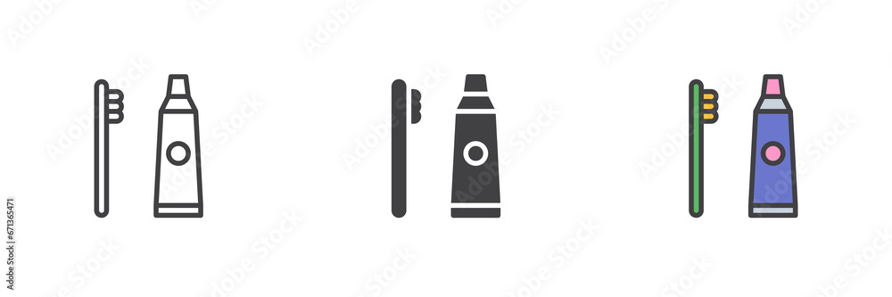 Toothbrush and toothpaste different style icon set