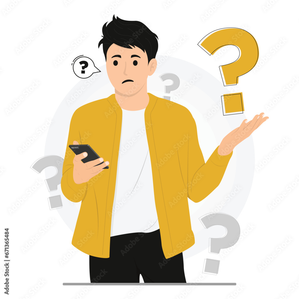 Flat vector people doubt asking questions looking phone flat illustration Flat vector people doubt asking questions looking phone flat illustration