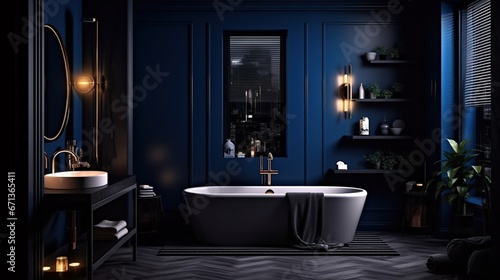 Bathroom  dark blue monochrome colors. Interior design