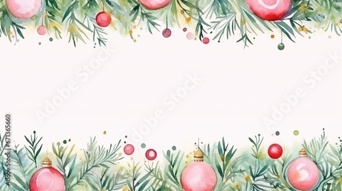 Christmas border with fir branches and balls on white background. Watercolor Christmas and New Year background