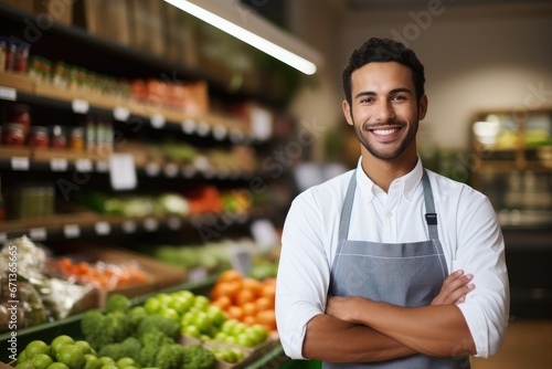 Photographie Smiling young men as worker at grocery market