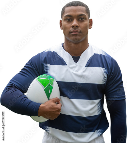Digital png photo of african american male rugby player with ball on transparent background