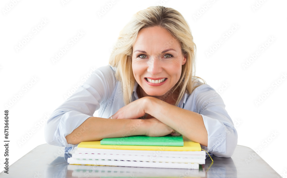 Digital png photo of happy caucasian woman with notebooks, smiling on transparent background Digital png photo of happy caucasian woman with notebooks, smiling on transparent background
