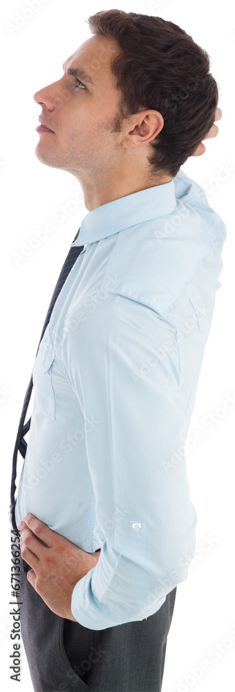 Digital png photo of caucasian businessman with hands on hips, looking up on transparent background Digital png photo of caucasian businessman with hands on hips, looking up on transparent background