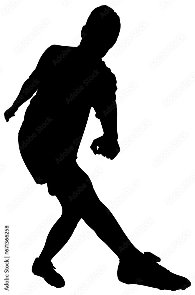 Digital png silhouette of male football player kicking ball on transparent background
