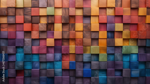 Abstract colorful wooden wall of colored wooden cubes or block background with rich color palette, textured canvases and wood sculptor.