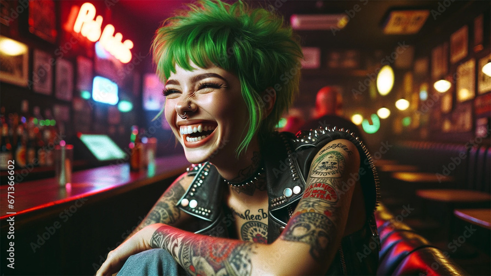 A photograph capturing a cinematic and joyful moment in 16:9 aspect ratio: A young woman with vibrant green hair, in a punk rock bar, her face illuminated with a radiant smile. 