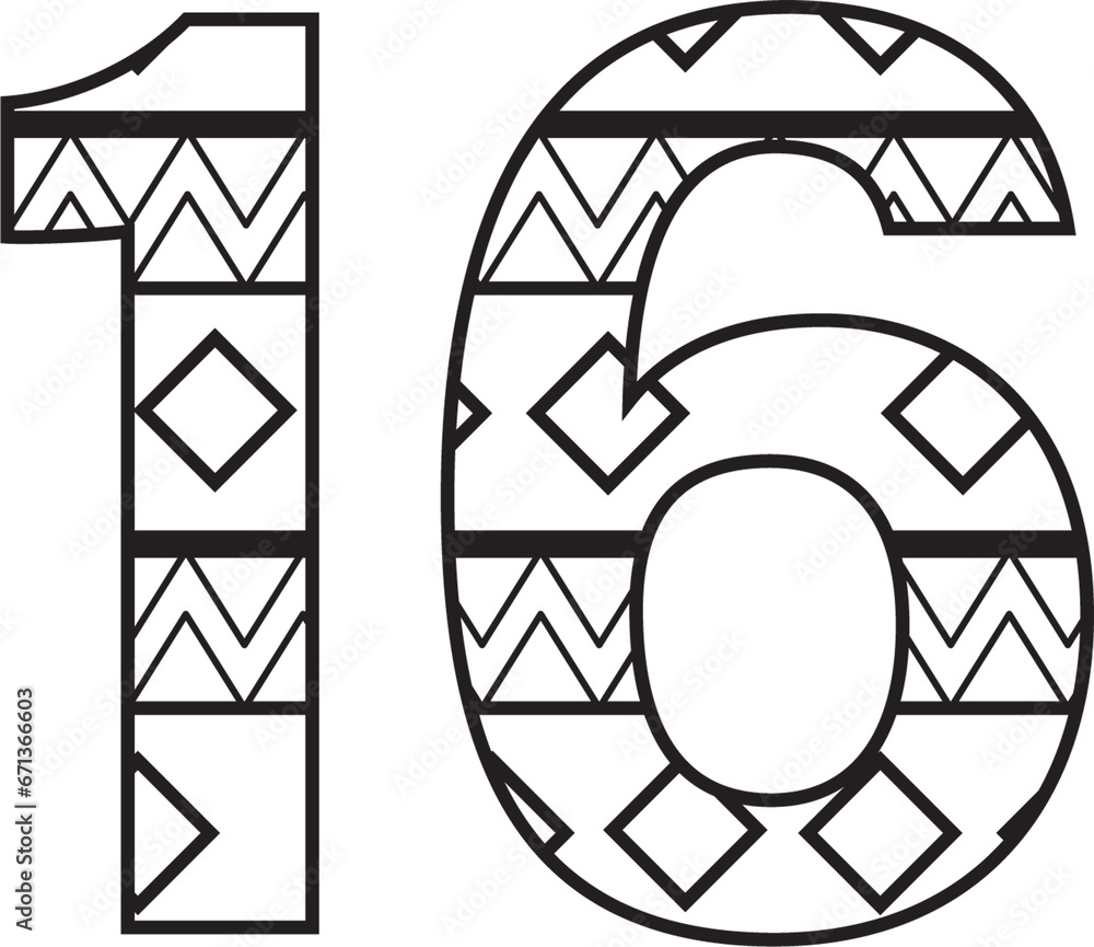 Number 16 Drawing/design Digital png illustration of black shapes and number 16 on transparent ...