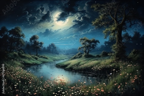 Wallpaper Mural Serene Moonlit Meadows - Generative AI Torontodigital.ca