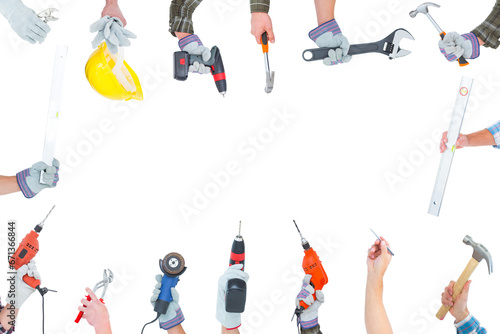 Digital png photo of hands with tools and copy space on transparent background