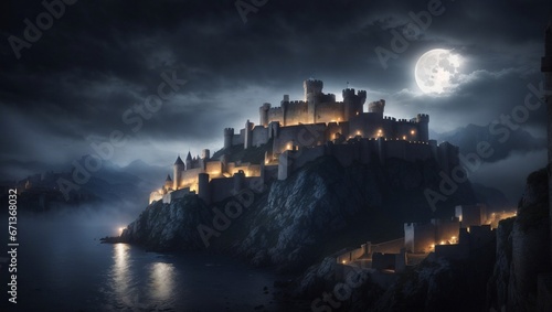 Medieval cityscape shrouded in darkness  where the light of the full moon illuminates the scenery and highlights the majestic old fortress