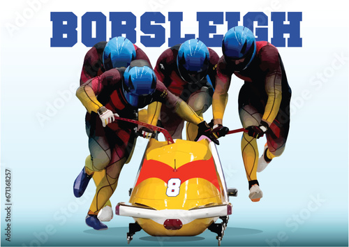 Fotografering Four men team bobsleigh. 3d vector color illustration