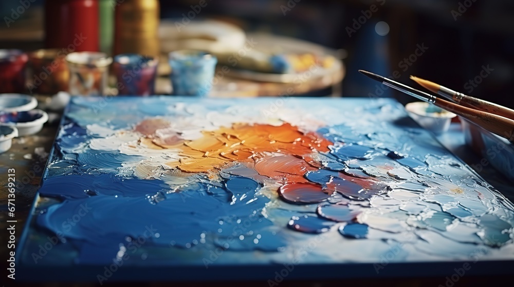 A paint brush laying illuminating or glowing paint on canvas. enhancing colors concept A paint brush laying illuminating or glowing paint on canvas. enhancing colors concept