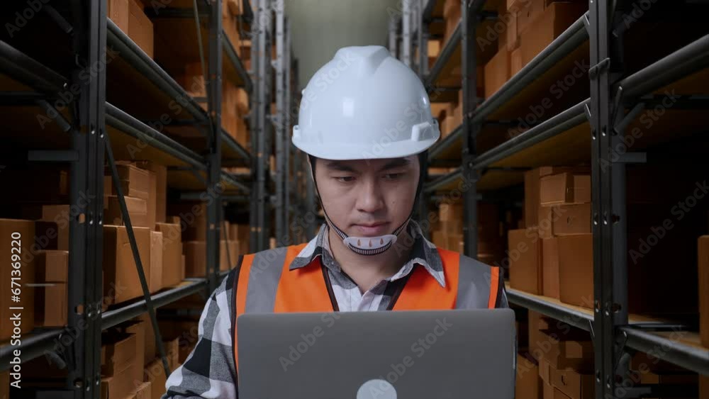 Close Up Of Asian Male Engineer With Safety Helmet Working On A Laptop While Standing In The Warehouse With Shelves Full Of Delivery Goods
