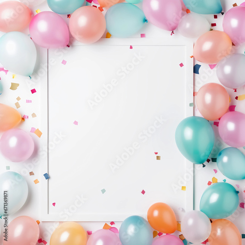 Decoration colorful balloons with confetti, gift and frame. New year, Anniversary and Birthday party decoration, Birthday Party card and background elements. Generative AI