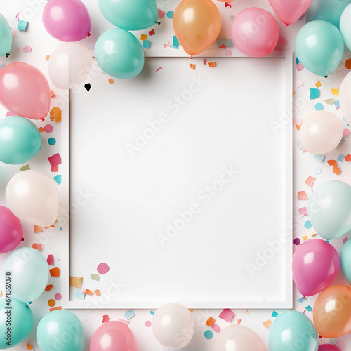 Decoration colorful balloons with confetti, gift and frame. New year, Anniversary and Birthday party decoration, Birthday Party card and background elements. Generative AI