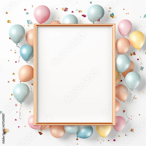 Decoration colorful balloons with confetti, gift and frame. New year, Anniversary and Birthday party decoration, Birthday Party card and background elements. Generative AI