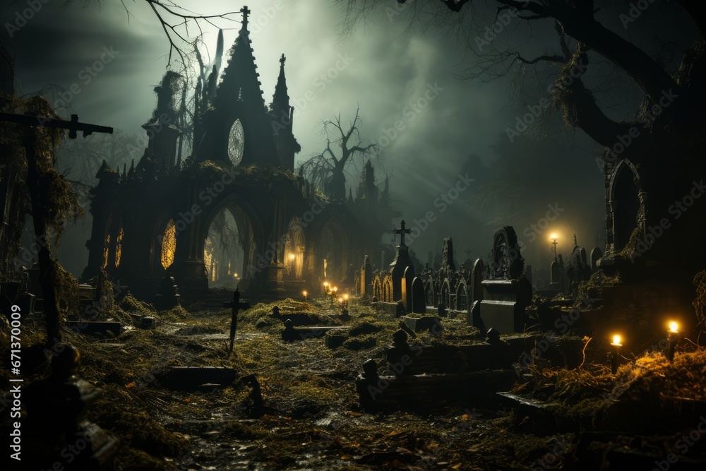 Abandoned church ruins in spooky halloween night. Mystic, horror, surreal, dramatic scene.