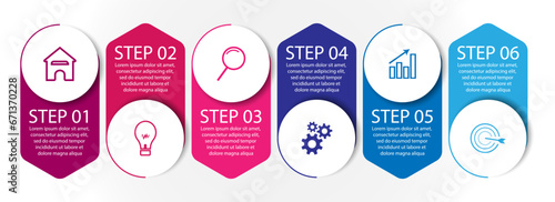 6 step infographic, simple infographic design consisting of six interrelated parts, circle design combined with squares, lines, icons and colors, good for your business presentation