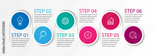6 step infographic, simple infographic design consisting of six interrelated parts, circle design combined with squares, lines, icons and colors, good for your business presentation