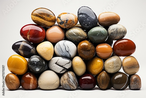 Collection of tumbled stones, each carrying its own metaphysical significance, on isolated on white background, Generative AI