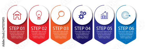 6 step infographic, simple infographic design consisting of six interrelated parts, circle design combined with squares, lines, icons and colors, good for your business presentation